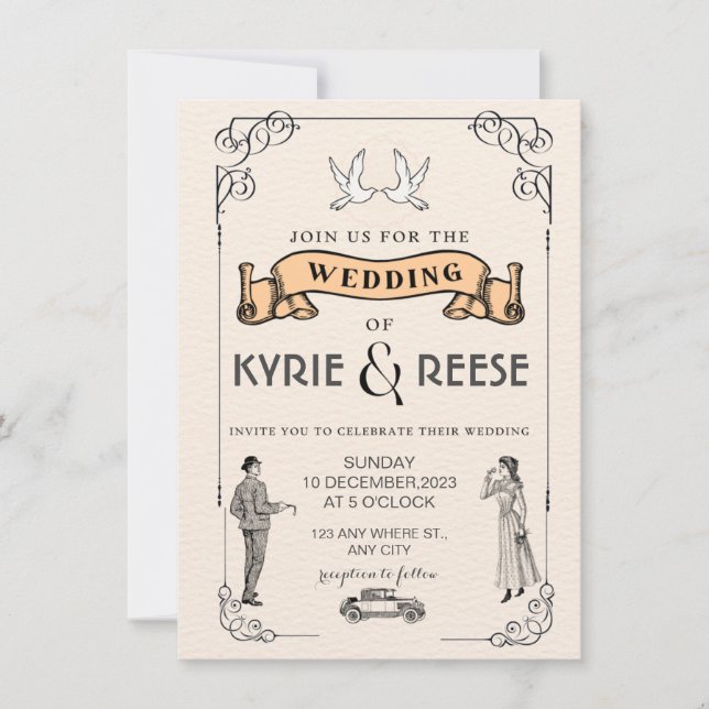 Invitation Carton d'invitation de mariage rétro noir et blanc (Devant)