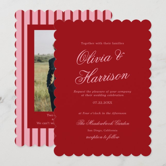 Invitation Carton d'invitation de mariage rétro rayé rose rou (Devant / Derrière)