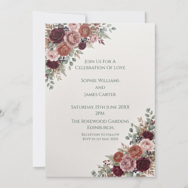 Invitation Carton d'invitation de mariage Rose de Bourgogne (Devant)