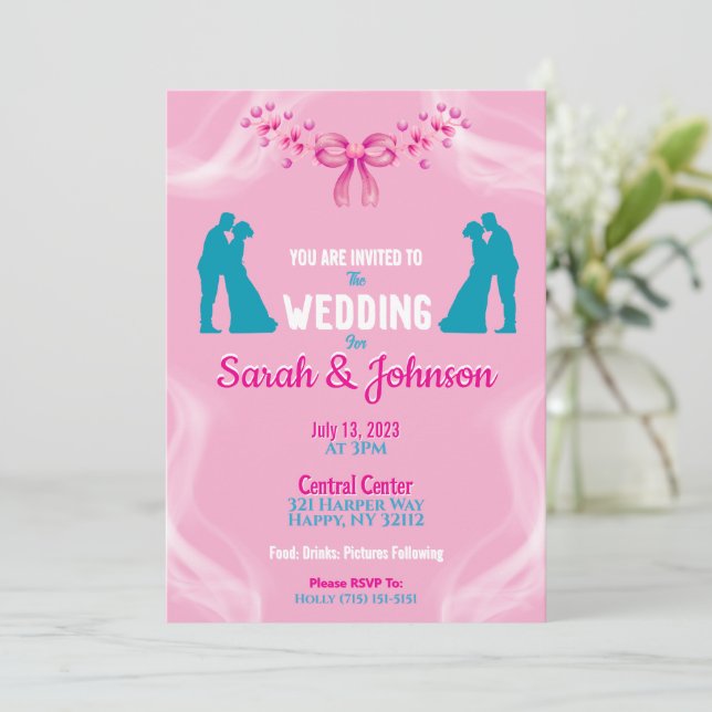 Invitation Carton d'invitation de mariage rose élégant (Debout devant)