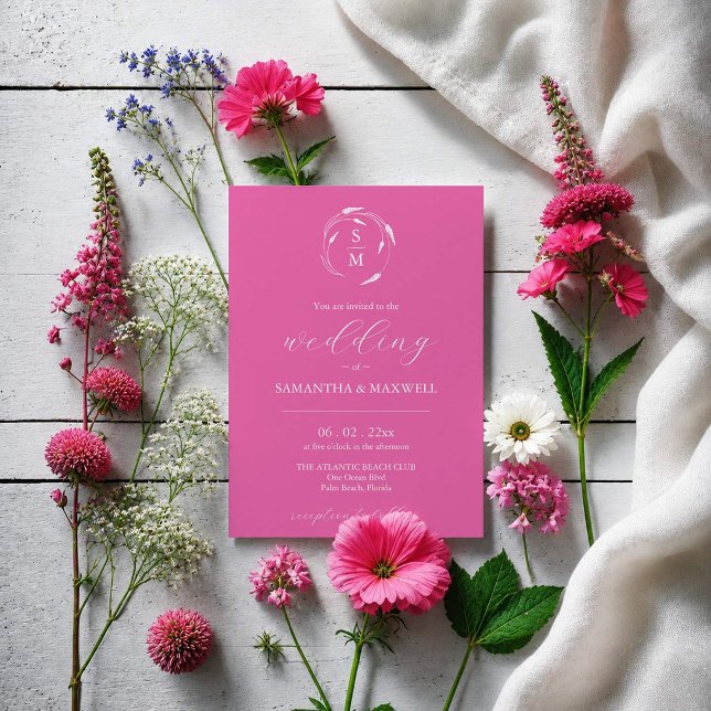 Invitation Carton d'invitation de mariage Rose Fuchsia avec Q (Dark pink wedding invitations designed with hand drawn floral line art by Do Tell A Belle)
