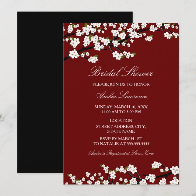 Invitation Carton d'invitation de mariage rouge Fleur de ceri (Devant / Derrière)