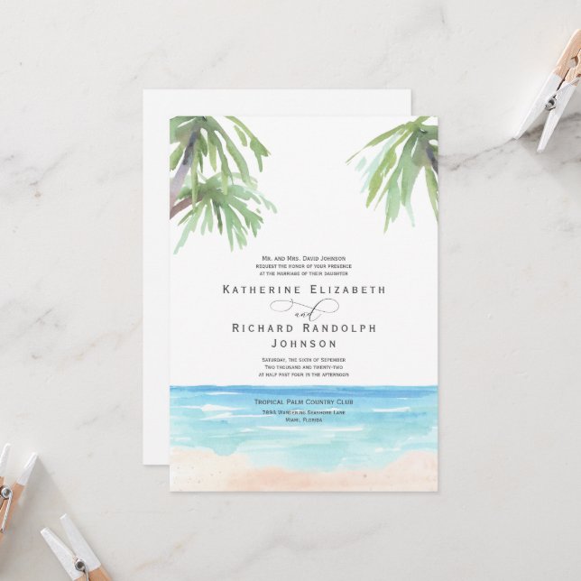Invitation Carton d'invitation de mariage sur la plage aux pa (Devant/Arrière en situation)