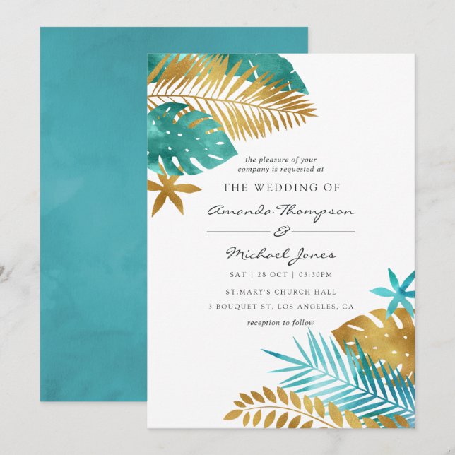 Invitation Carton d'invitation de mariage tropical sarcelle e (Devant / Derrière)