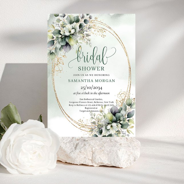 Invitation Carton d'invitation de mariage vert à l'aquarelle  (Watercolor Green Gold Bridal Shower Invitation)