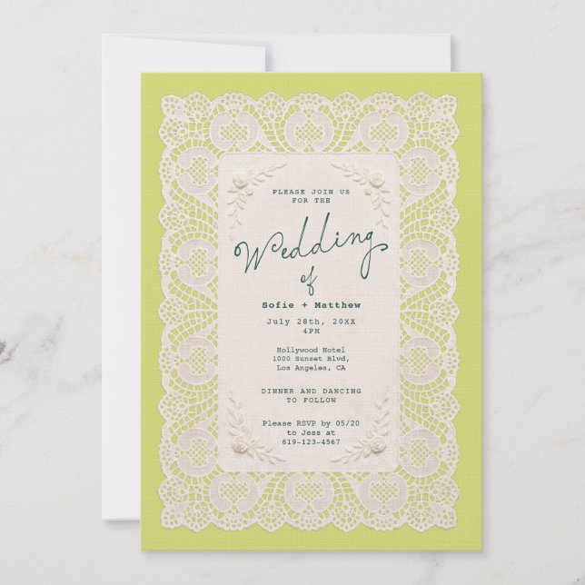 Invitation Carton d'invitation de mariage vert Citrus dentell (Devant)