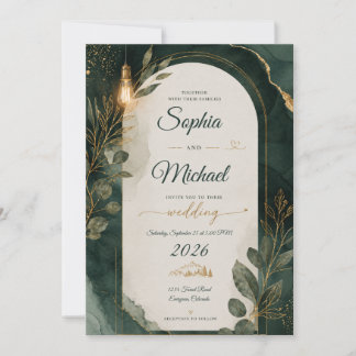 Invitation Carton d'invitation de mariage Vert émeraude et Or