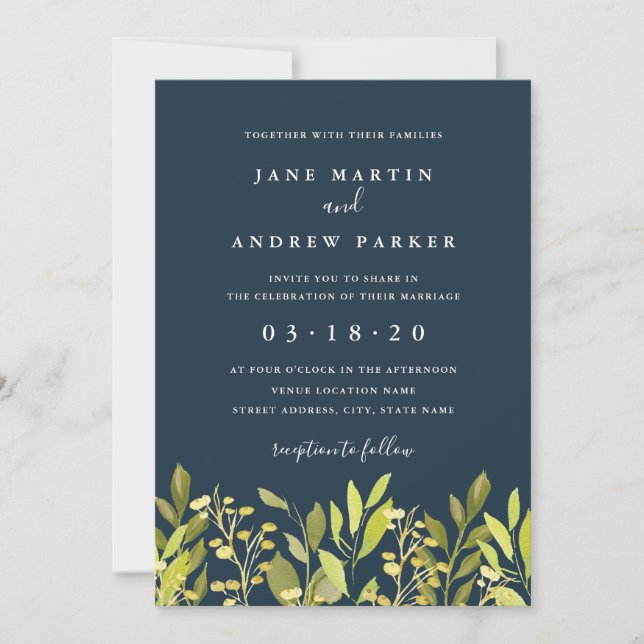 Invitation Carton d'invitation de mariage vert feuillage bota (Devant)