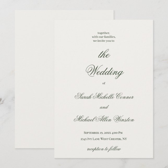 Invitation Carton d'invitation de mariage vert foncé minimal  (Devant / Derrière)
