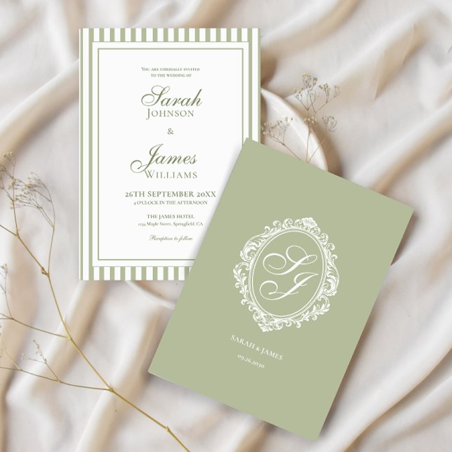 Invitation Carton d'invitation de mariage Vert Sauge Monogram (Créateur téléchargé)