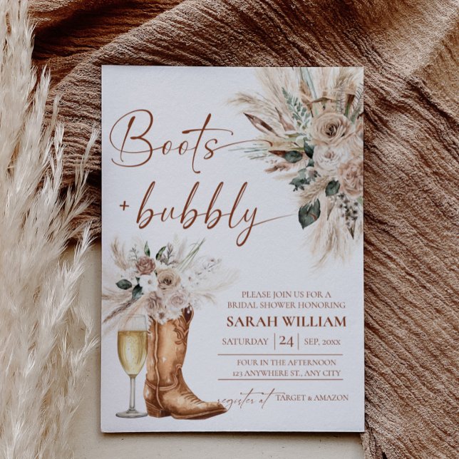 Invitation Carton d'invitation de mariage western Boots Bubbl (Boots Bubbly Bridal Shower Invitation Card Western Cowgirl | Boho Wedding Shower)