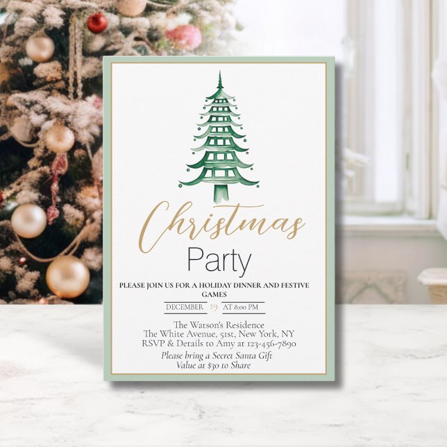 Invitation Carton d'invitation de Noël à la Pagode Vert Sage  (Chinoiserie Pagoda Christmas Tree- Christmas Party invitation)