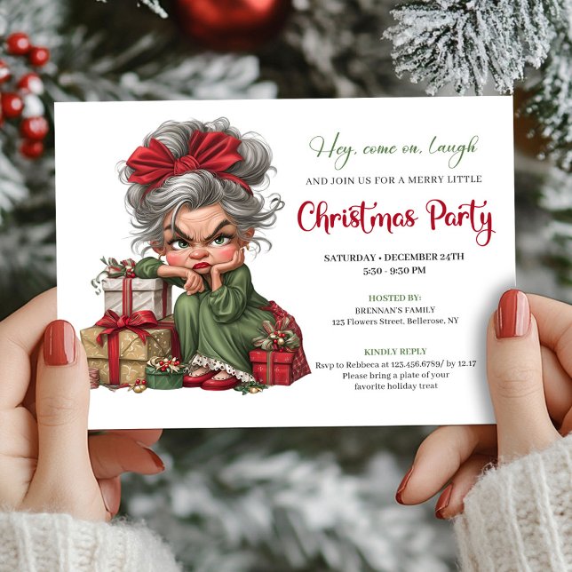 Invitation Carton d'invitation de Noël de grand-mère excentri (Quirky Grandma Christmas Cartoon Party Invitation)