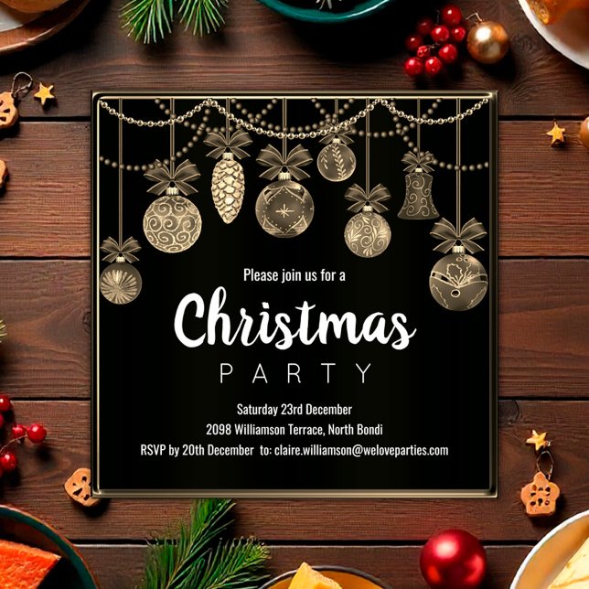 Invitation Carton d'invitation de Noël élégant noir et or (Elegant Black and Gold Christmas Party Invitation by the Olde Christmas Shoppe)