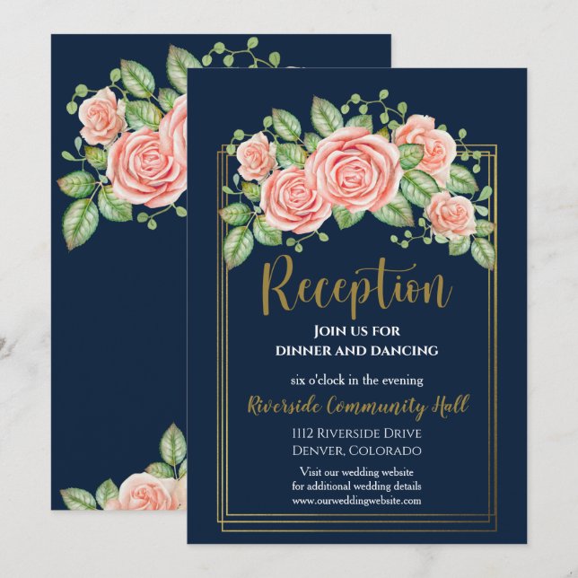 Invitation Carton d'invitation de réception florale bleu mari (Devant / Derrière)