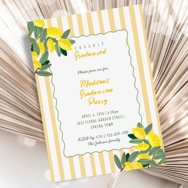 Invitation Carton d'invitation de remise de diplôme Citron à  (Yellow Stripe Lemon Graduation Party Invitation)
