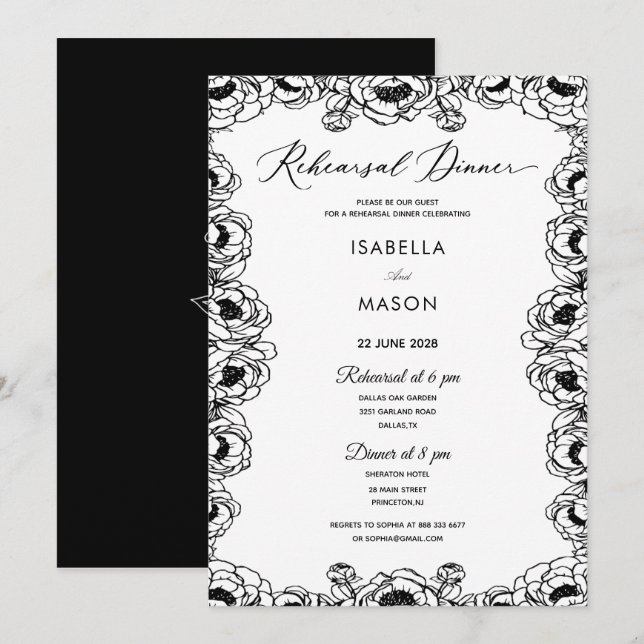 INVITATION CARTON D'INVITATION DE RÉPÉTITION DE MARIAGE NOIR  (Devant / Derrière)