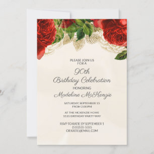 Invitation Carton d'invitation élégant 90 ans avec roses roug