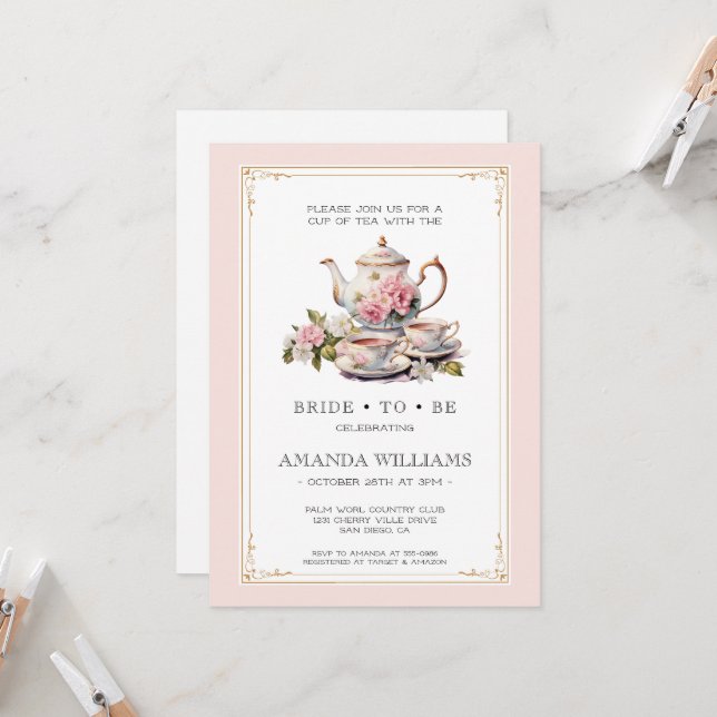 Invitation Carton d'invitation élégant de mariage vintage pou (Devant/Arrière en situation)