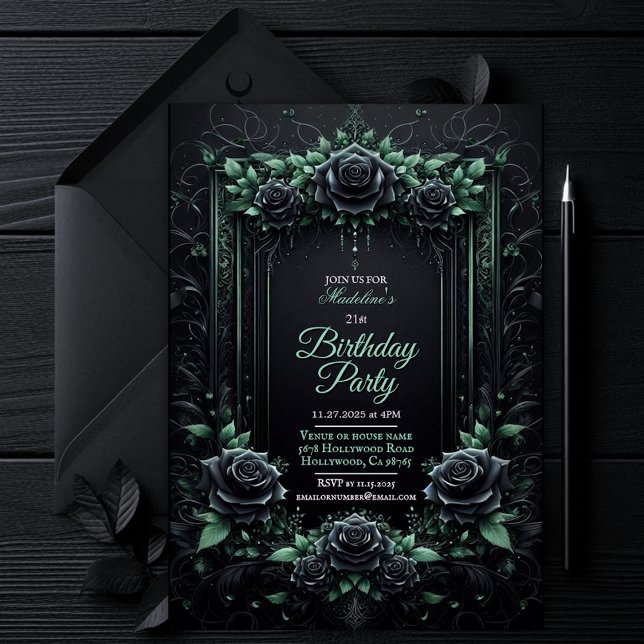 Invitation Carton d'invitation élégant floral noir et vert po (gothic dark moody invitation, green and black floral roses invite, dark fantasy wedding bridal party)
