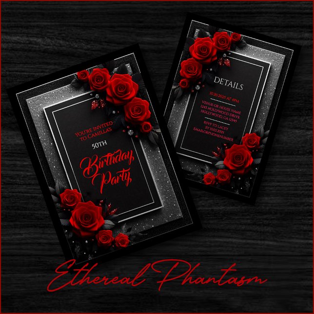 Invitation Carton d'invitation élégant pour anniversaire avec (red black silver roses glitter birthday party wedding bridal elegant floral dark moody invitation.)