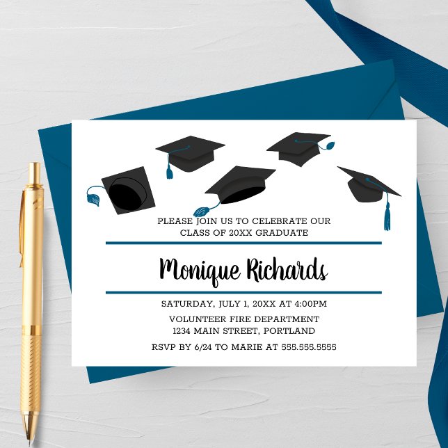 Invitation Carton d'invitation élégant pour fête de remise de (Blue Horizontal Classical Hat Toss Graduation Party Invitation)