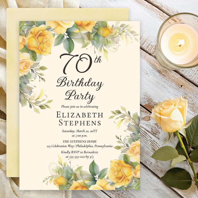 Invitation Carton d'invitation élégant pour une fête d'annive (Elegant yellow rose 70th birthday invitation with soft greenery and warm cream background)