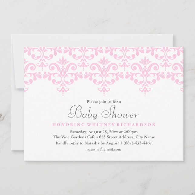 Invitation Carton d'invitation élégant rose et blanc damassé  (Devant)
