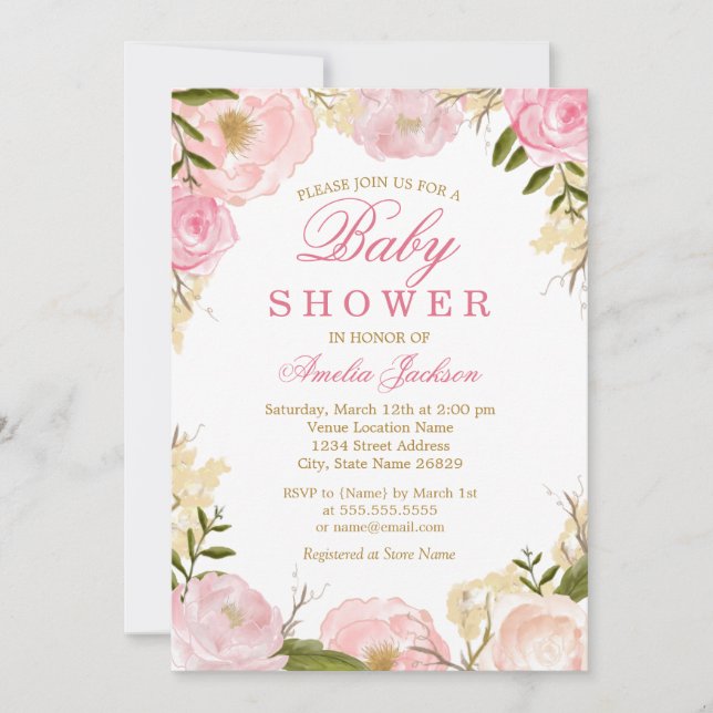 Invitation Carton d'invitation élégant rose rose pour Baby Sh (Devant)