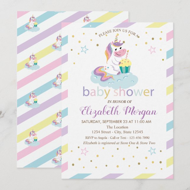 Invitation Carton d'invitation Fille Licorne Rayures Froides  (Devant / Derrière)