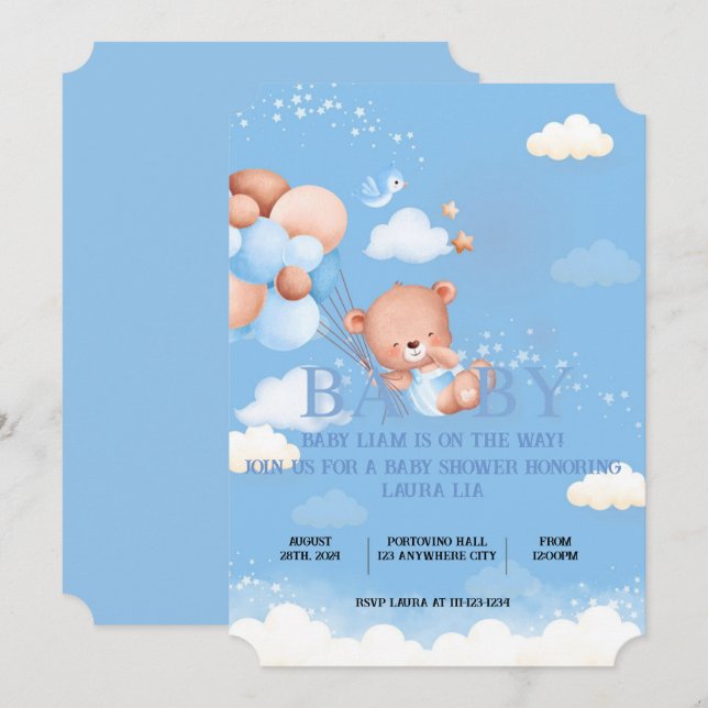 INVITATION CARTON D'INVITATION FILLE OURSON BLEU (Devant / Derrière)