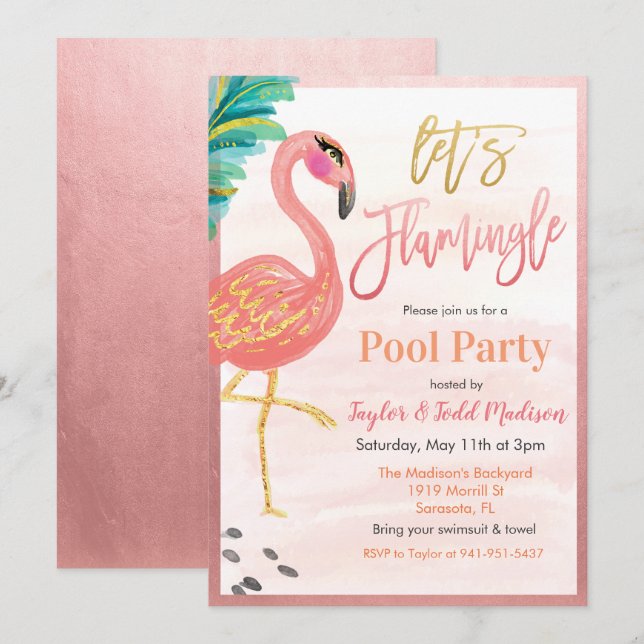Invitation Carton d'invitation Flamant Rose Aquarelle pour So (Devant / Derrière)
