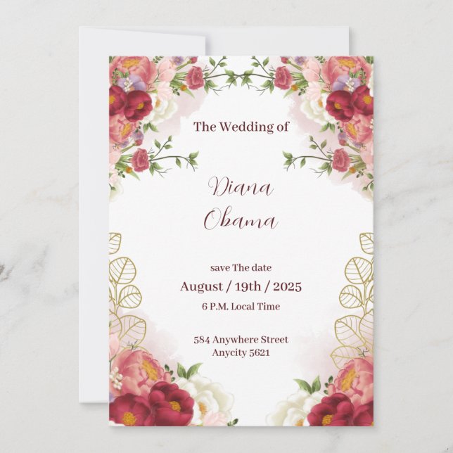 Invitation Carton d'invitation Fleurs aquarelle rouge or pour (Devant)