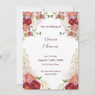 Invitation Carton d'invitation Fleurs aquarelle rouge or pour