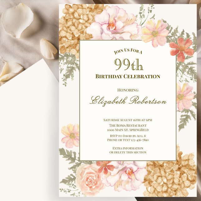 Invitation Carton d'invitation floral 99e anniversaire aux co (Créateur téléchargé)