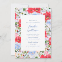 Carton d'invitation floral aquarelle bleu et rouge