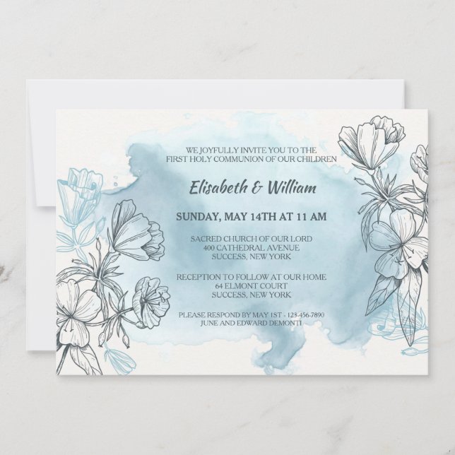 Invitation Carton d'invitation floral bleu poudre (Devant)