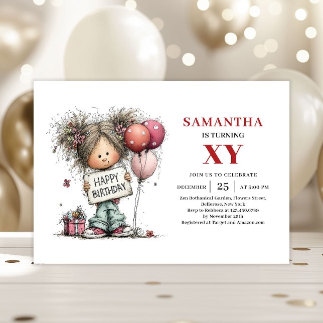 Invitation Carton d'invitation funky pour l'anniversaire d'un (Whimsy Cute Little Girl Funky Birthday Invitation

)