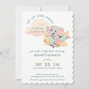 Invitation Carton d'invitation Garçon Éléphant Aéroplane Aqua