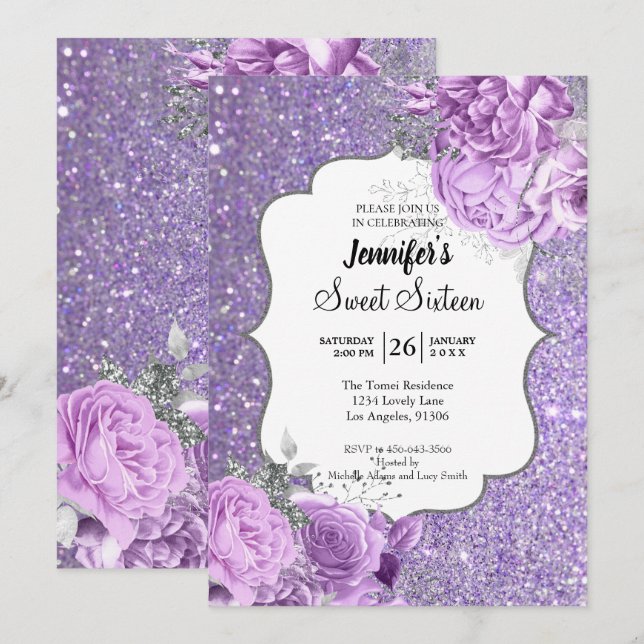 Invitation Carton d'invitation glitter violet floral pour un  (Devant / Derrière)