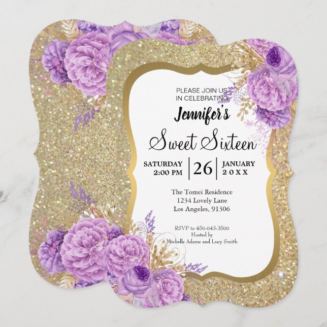 Invitation Carton d'invitation glitter violet floral pour un  (Devant / Derrière)