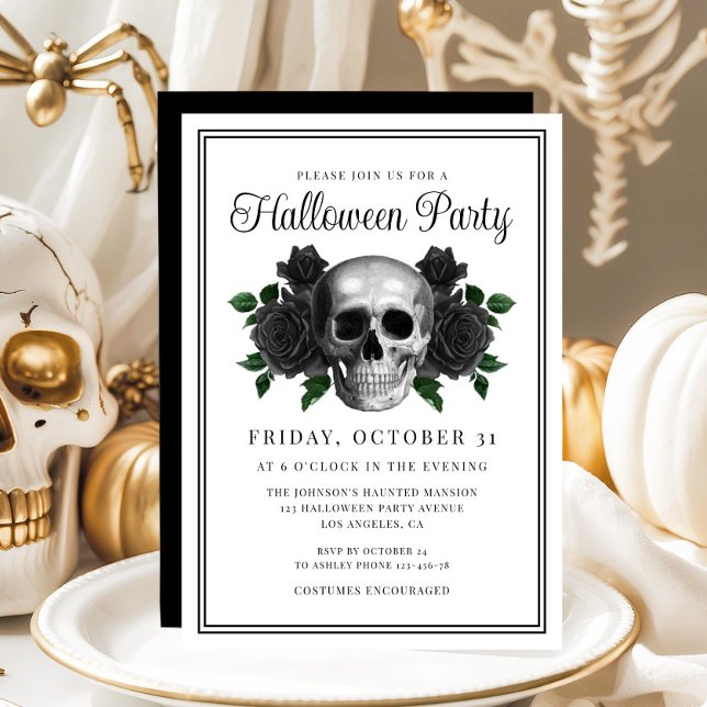 Invitation Carton d'invitation Halloween Crâne Floral Gothiqu (Elegant Gothic Floral Skull Halloween Invitation)