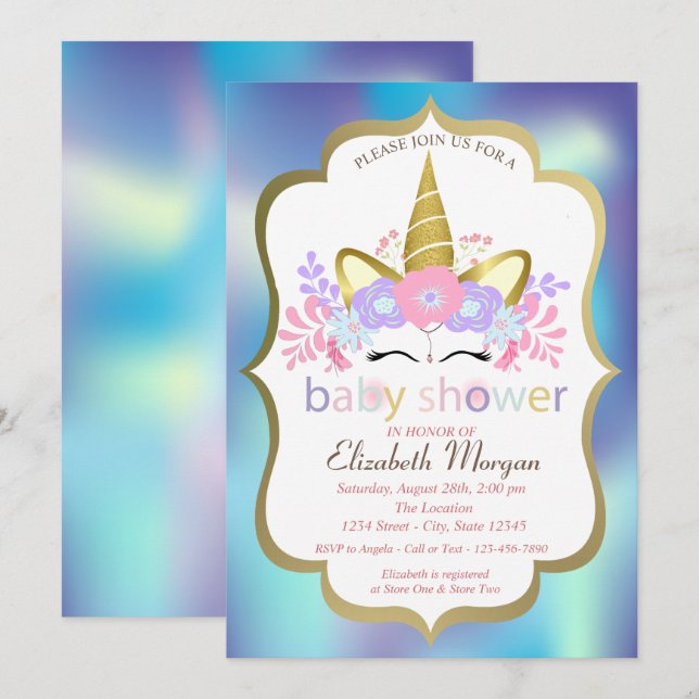 Invitation Carton d'invitation Licorne holographique bleu pou (Devant / Derrière)