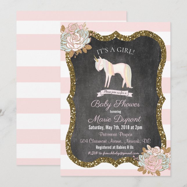 Invitation Carton d'invitation Licorne Pailletée Florale pour (Devant / Derrière)