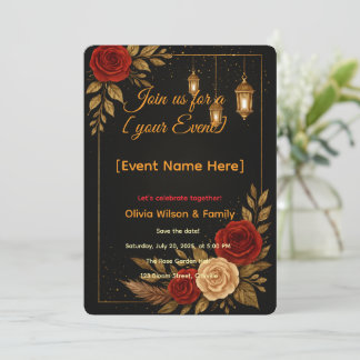 Invitation Carton d'invitation Modèle Luxe Noir Or Floral
