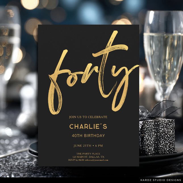 Invitation Carton d'invitation moderne noir et or pour 40e an (The front of the invitation is shown at 5x7-inch size. Choose size, paper, + corner style.)
