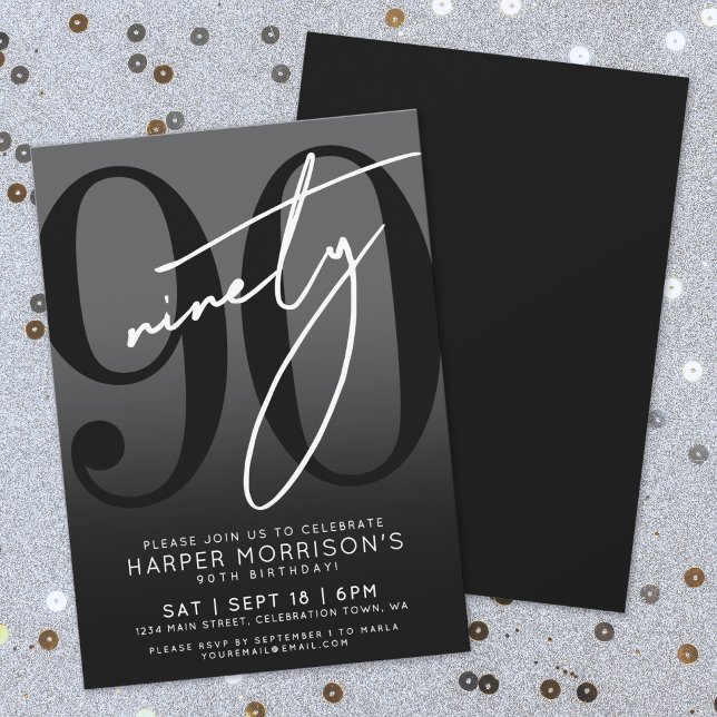 Invitation Carton d'invitation moderne pour 90e anniversaire  (Modern Black 90th Birthday Party Invitation)