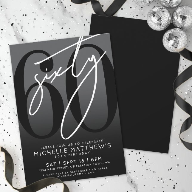 Invitation Carton d'invitation moderne pour les 60 ans d'une  (Modern Black 60th Birthday Party Invitation)