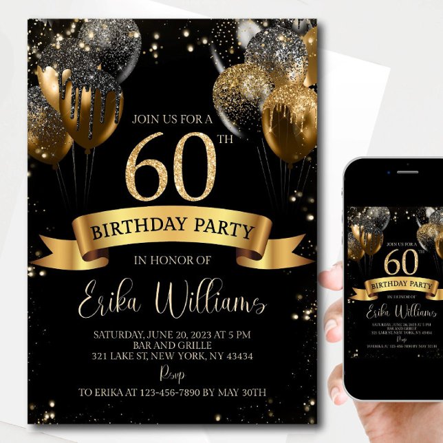 Invitation Carton d'invitation modifiable pour 60 ans : Noir  (Créateur téléchargé)