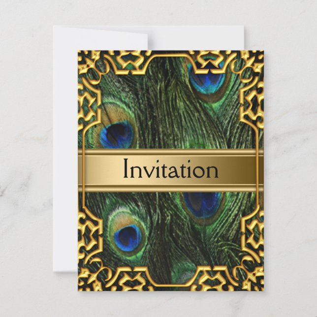 Invitation Carton d'invitation Paon doré pour toute occasion (Devant)